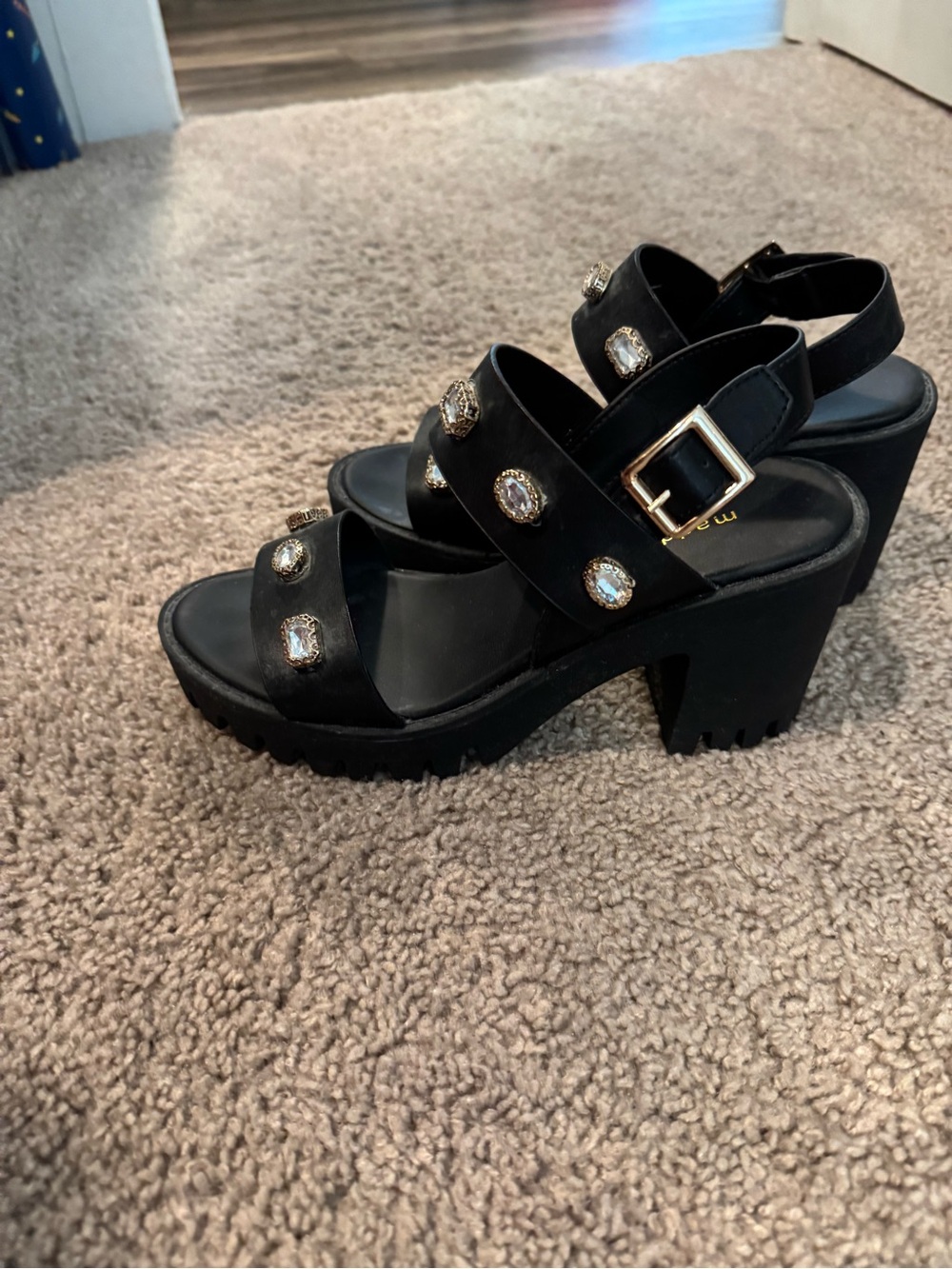 Black Jeweled Block Heel Sandals - Women